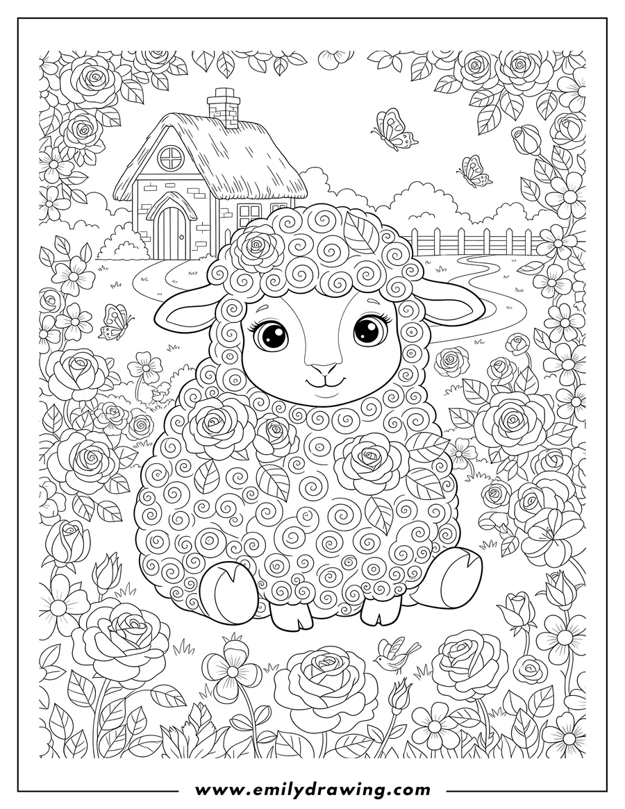 Outline drawing of cute Little Sheep sitting, with roses in its wool, Surrounded By Roses Cottagecore