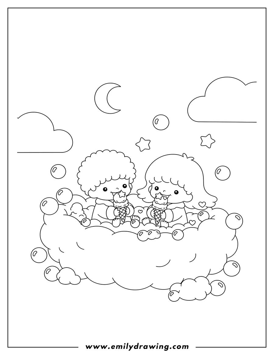 Doodle style coloring picture of little Twin Stars Bubble Bath Sky, eating ice cream