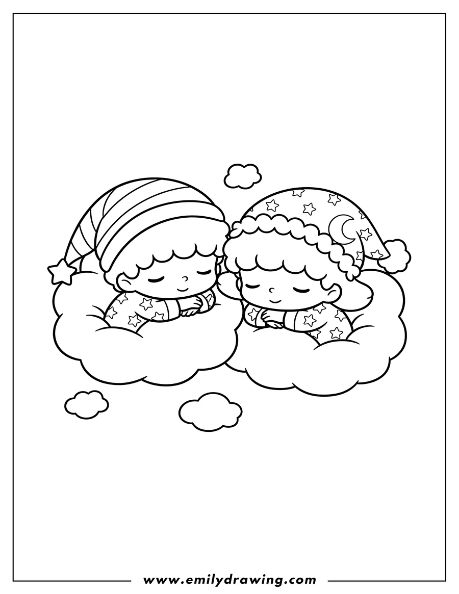 Coloring page of little Twin Stars Kiki And Lala peacefully sleeping on their sides on clouds, wearing sleep caps