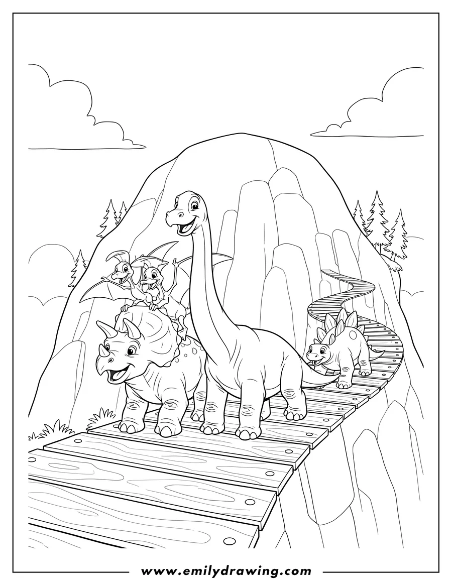 Black and white line art of land Before Time Littlefoot, Cera, Ducky, Petrie, and Spike smiling as Ducky and Petrie ride on Cera's back while walking up a wooden path on a mountain