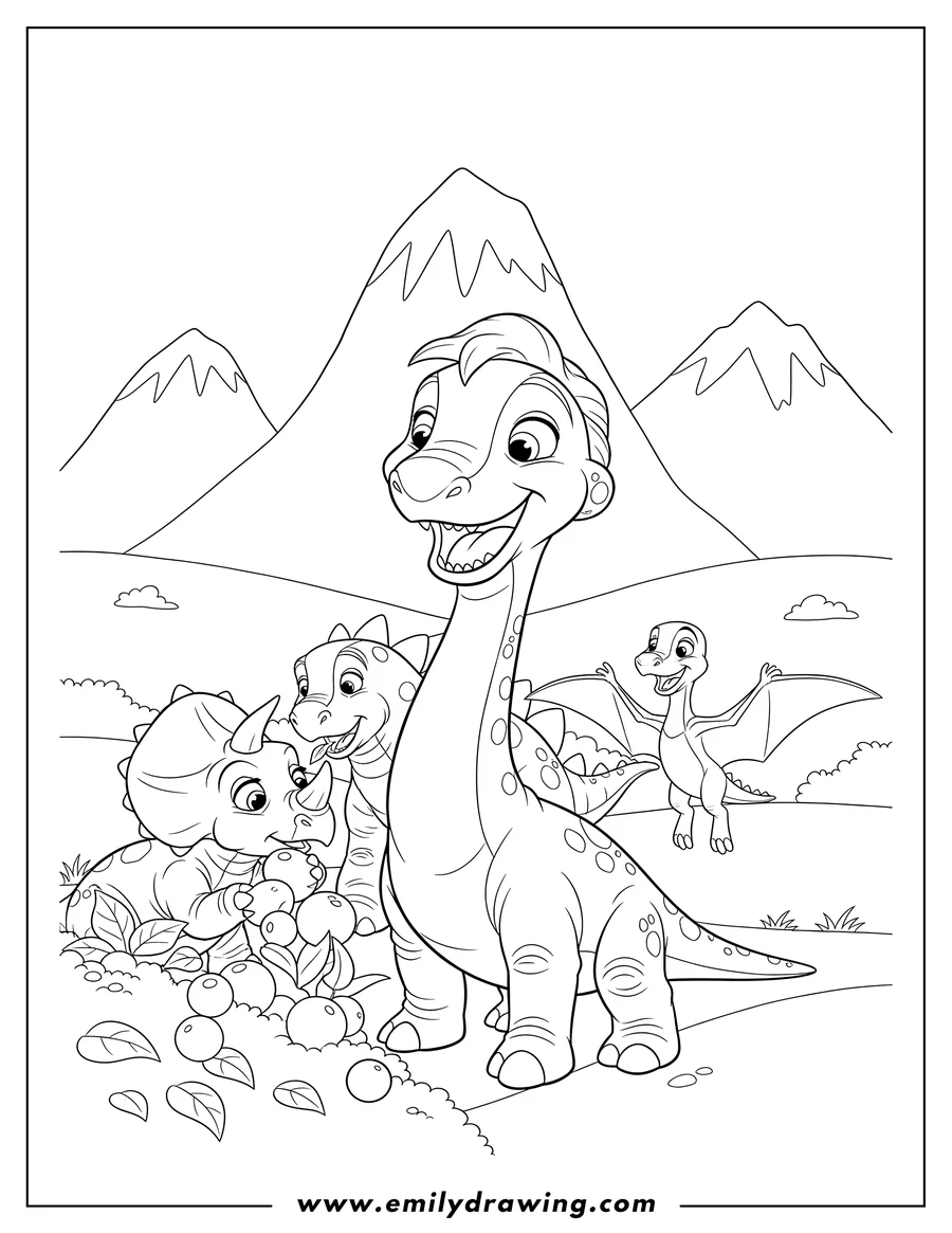 Simple sketch of land Before Time Littlefoot smiling with open mouth, Cera and Ruby looking at berries, and Petrie flying, with Spike and mountains to color
