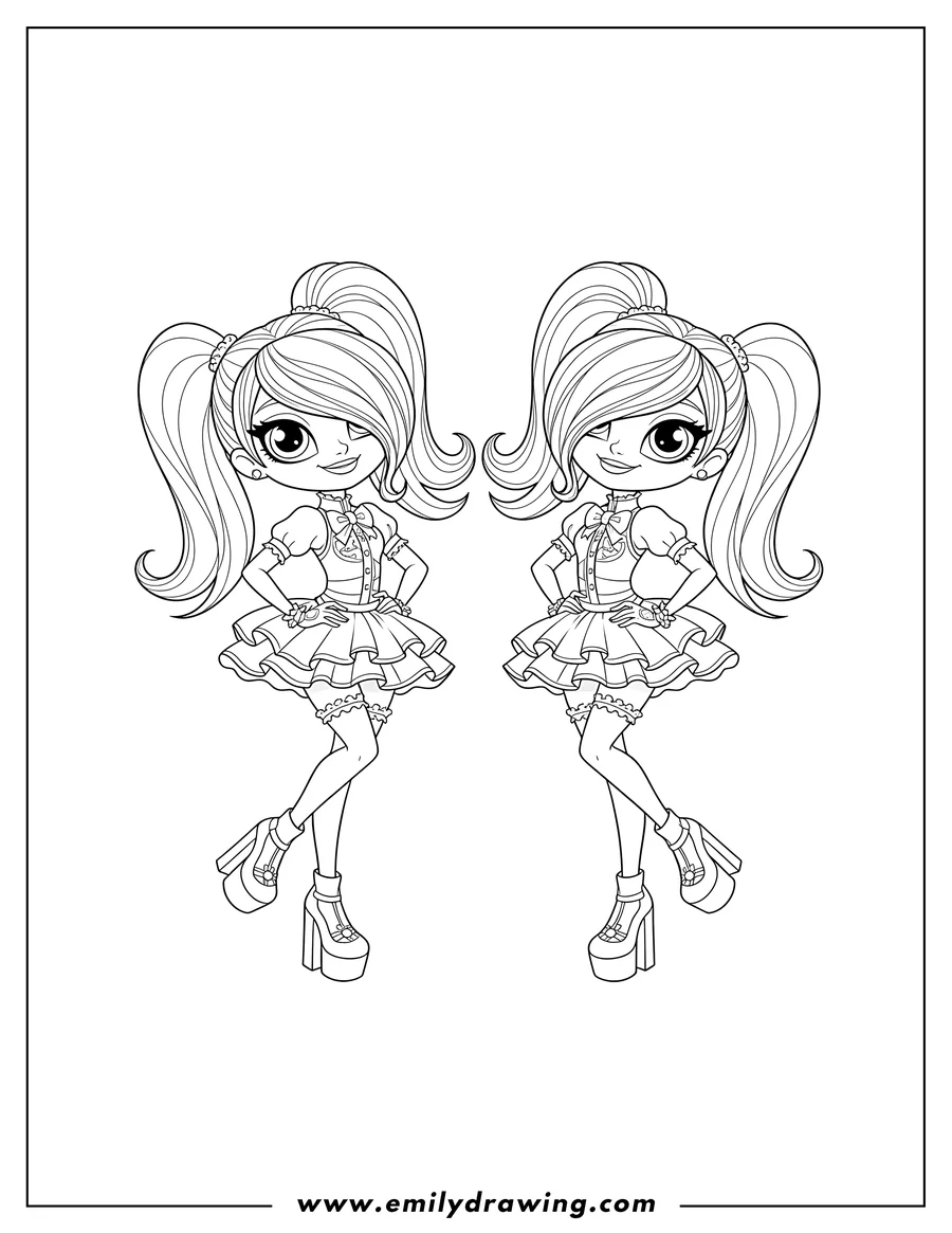 PDF style coloring page: littlelest Pet Shop Biskit Twins posing, each with bangs covering one eye