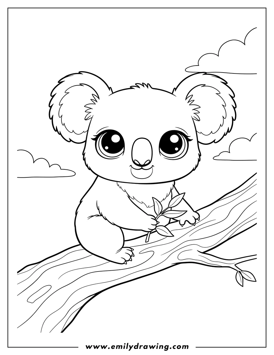 Full page coloring image of littlest Pet Shop Koala sitting on a tree branch with big cute eyes