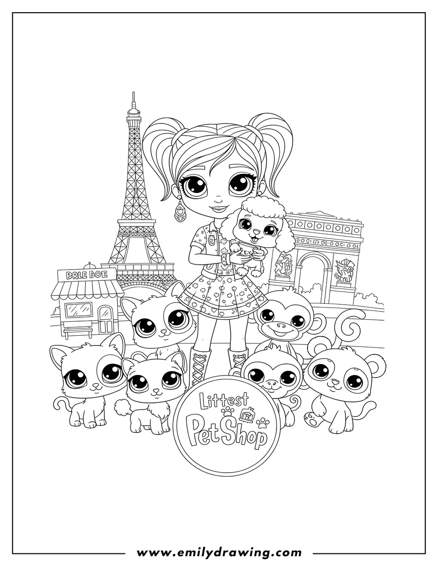 Printable coloring page of littlest Pet Shop Paris, with Blythe and her animal friends surrounding the logo