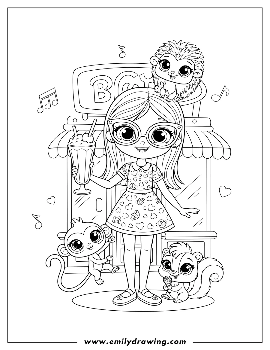 Doodle style coloring picture of littlest Pet Shop with Blythe holding a milkshake and pets Minka, Pepper, and Russel