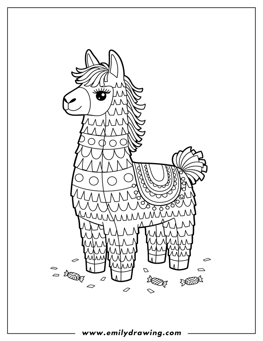 Coloring page of llama PiǹƒAta Scaled, standing, with a ruffled mane and bushy tail