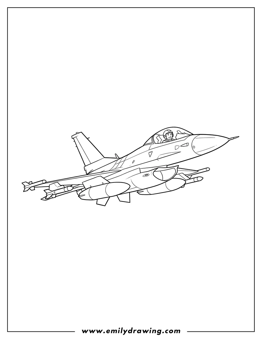 Clean line drawing: lockhead Martin F 16 Jet Outline flying with a pilot in the cockpit and underwing missiles
