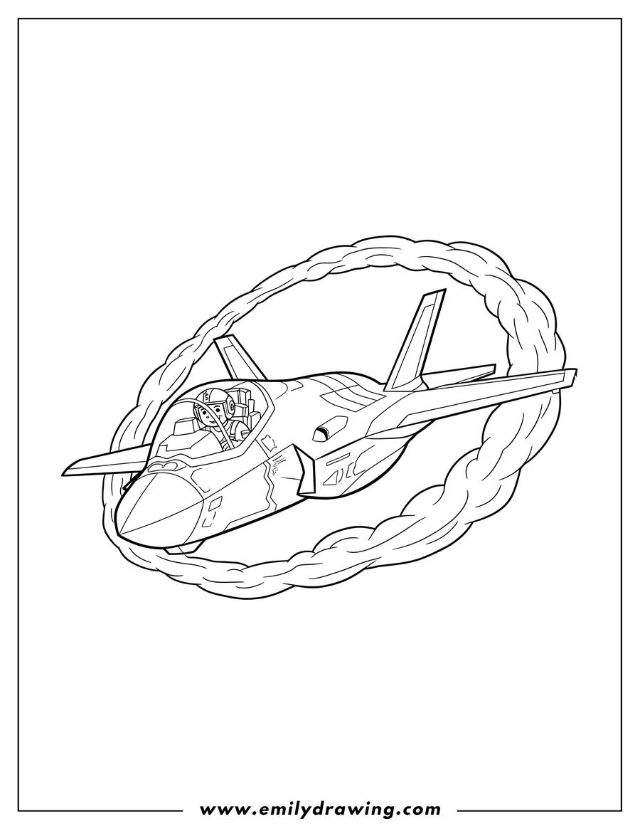 High quality printable lockhead Martin F 35 Jet flying with a pilot and smoke to color for coloring