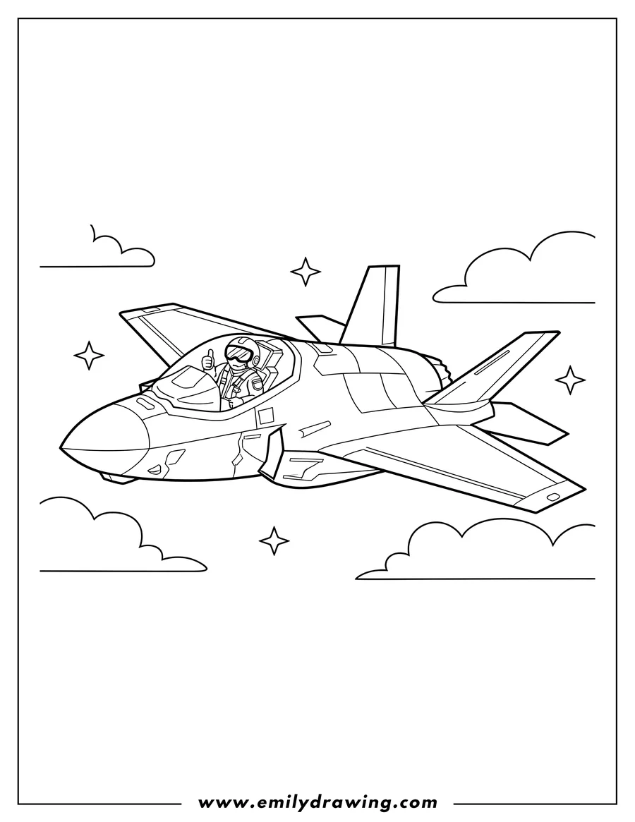 Coloring page for kids: lockheed Martin U.S. fighter jet flying with a pilot