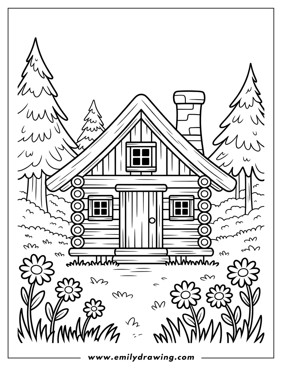 Printable line art of log Cabin