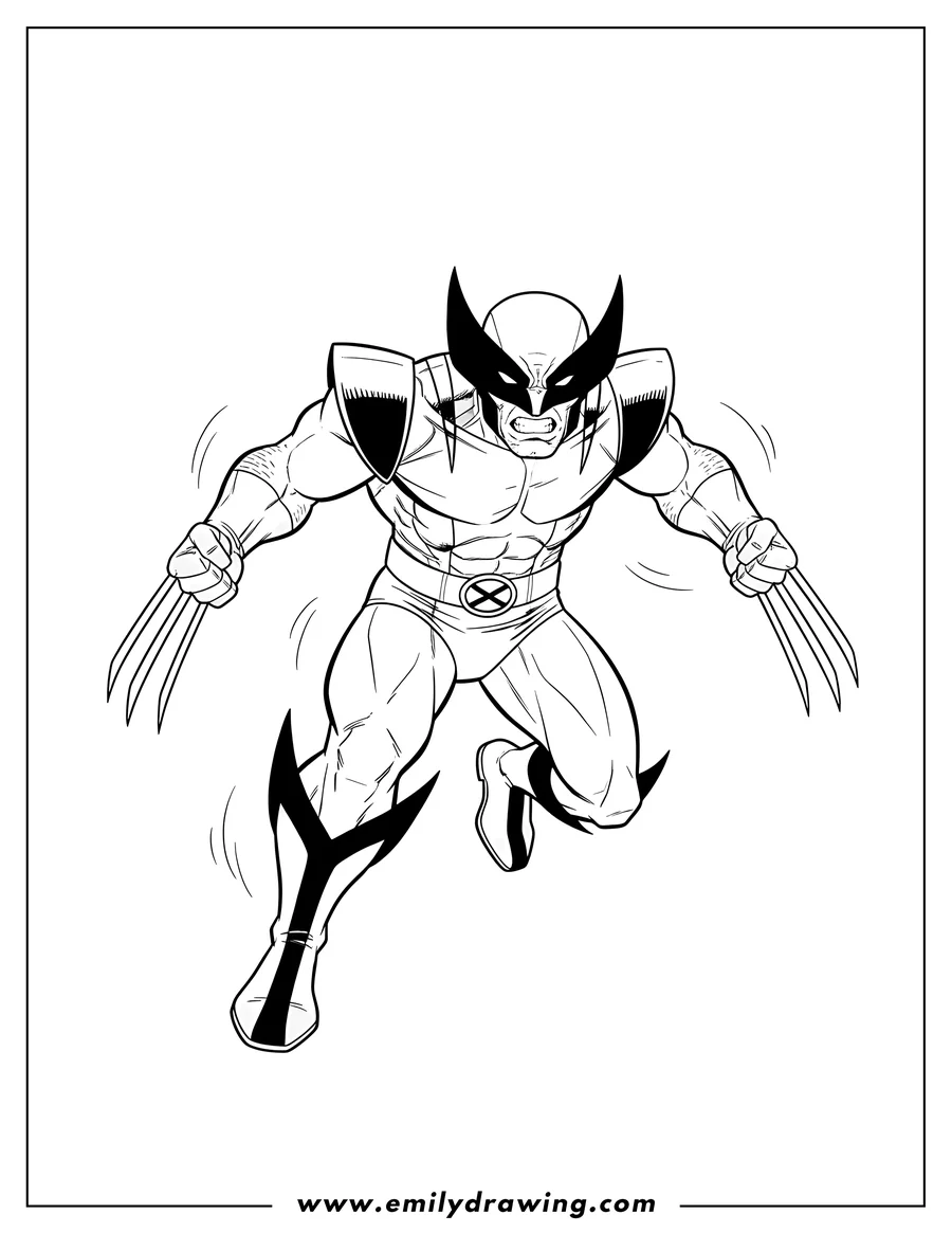 Full page coloring image of logan With Wolverine Claws Out V2, lunging forward