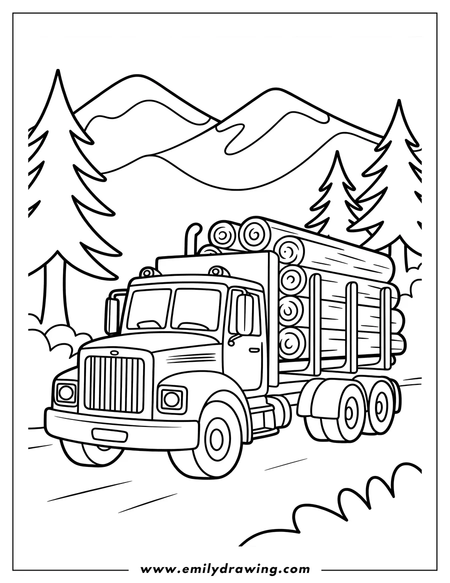Line art of a large logging truck carrying logs, with pine trees and mountains in the background
