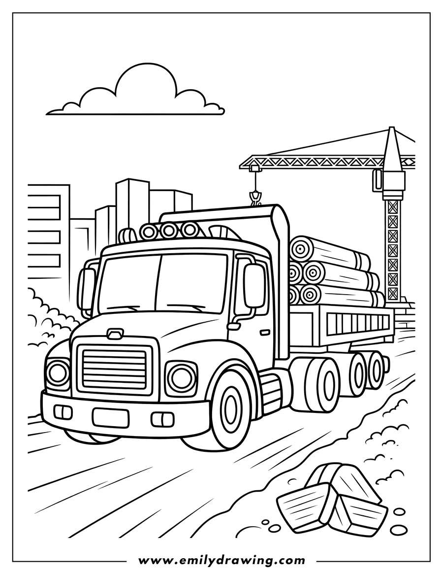 Line art of a logging truck carrying logs, driving past a construction site with a large crane and buildings in the background.