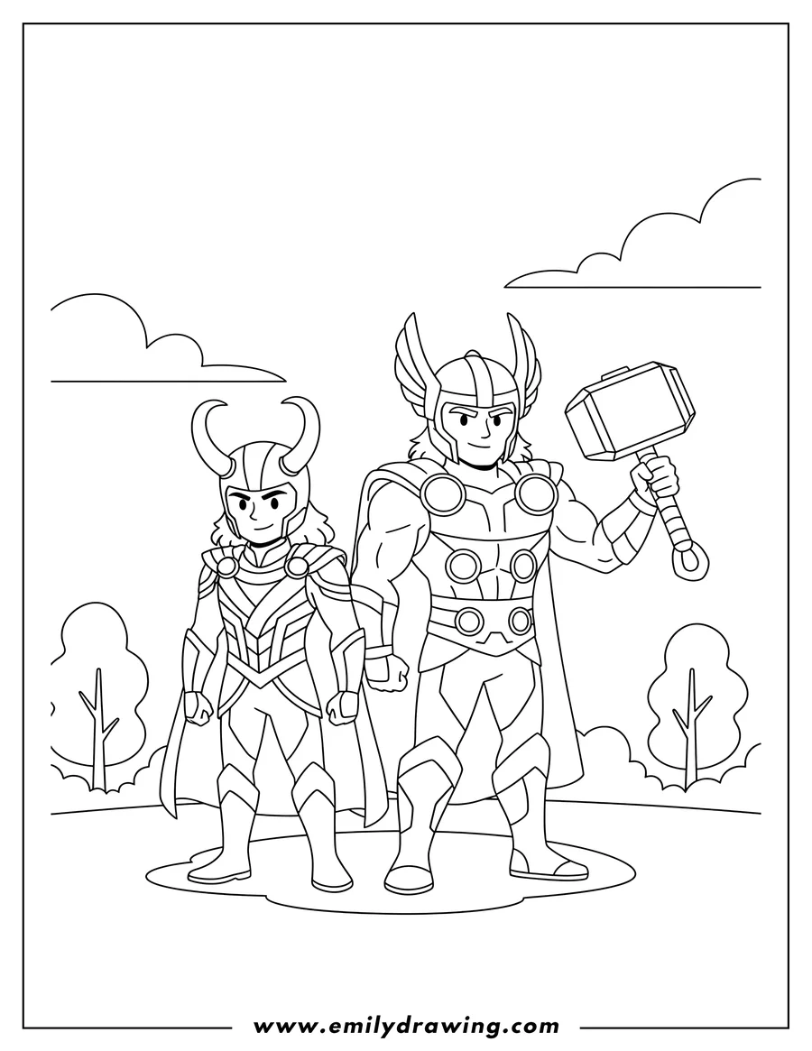 Vector style outline of loki and Thor standing with Thor holding Mjolnir