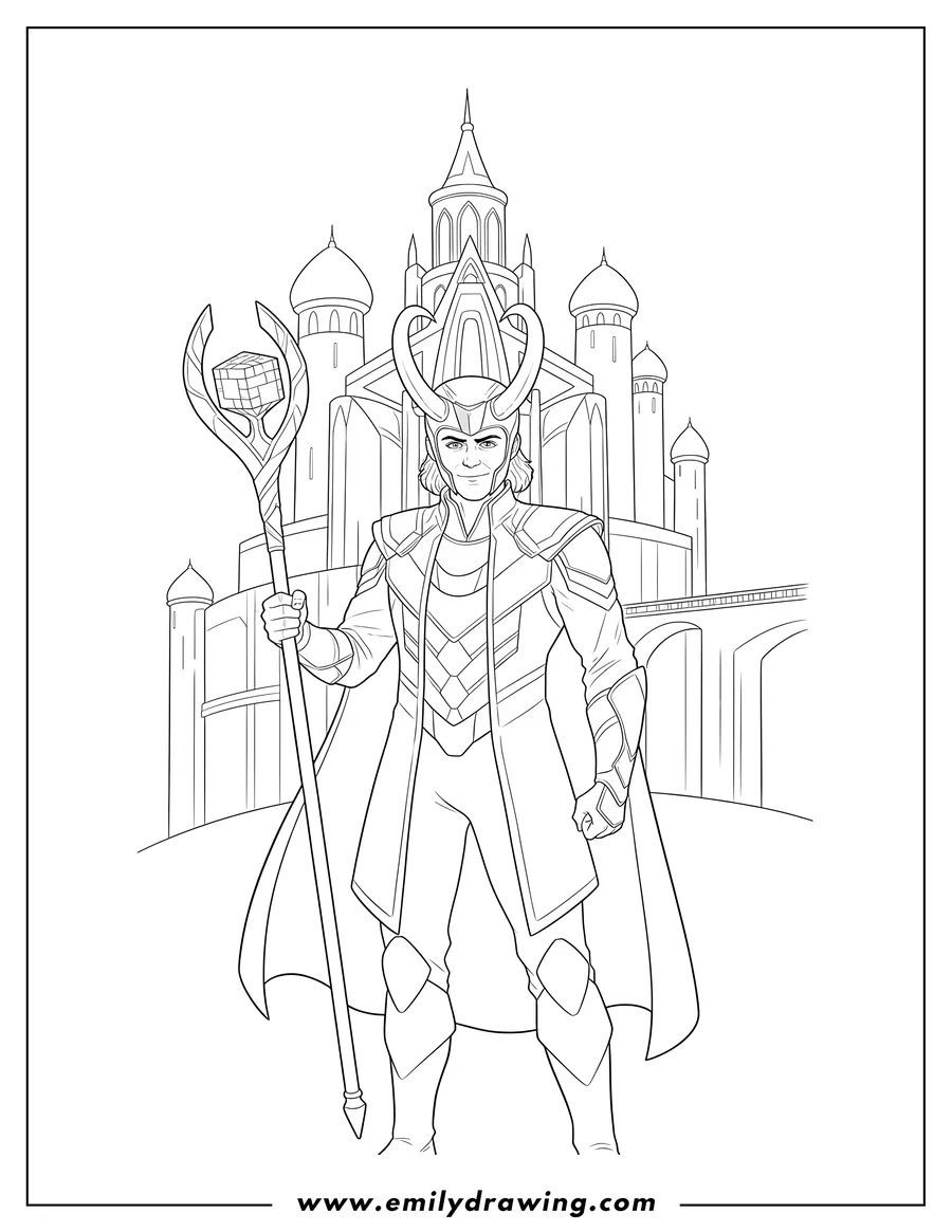 Coloring page of loki holding a scepter, with the Tesseract, in Asgard