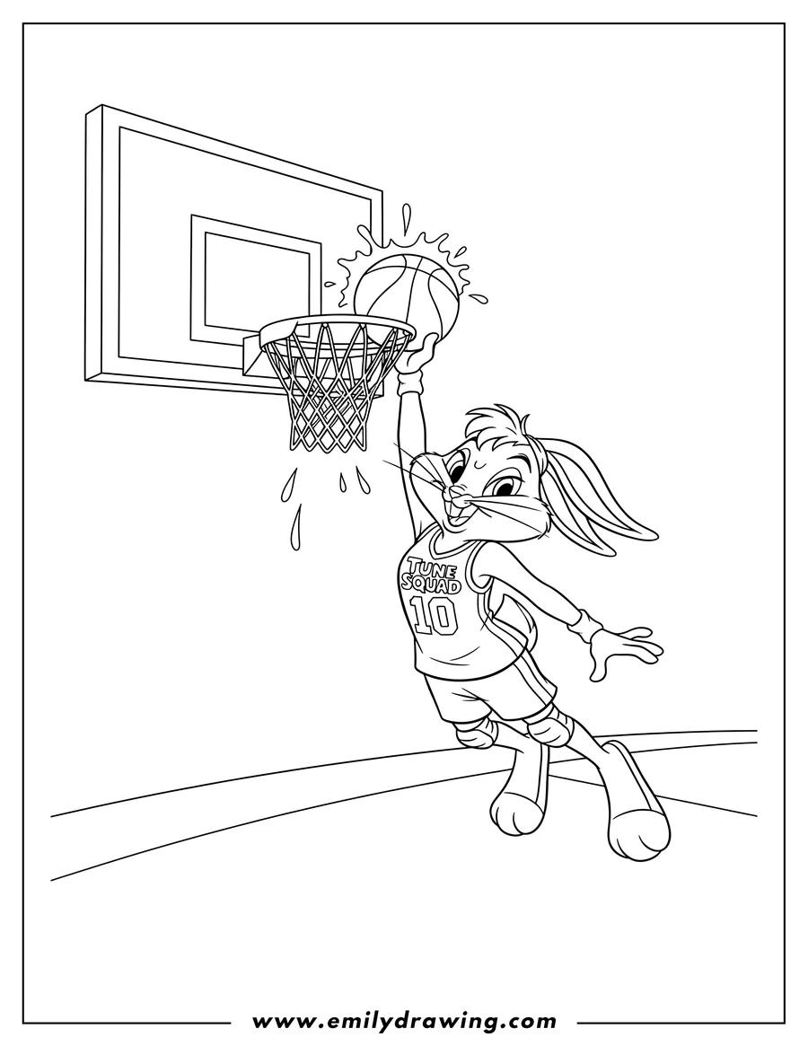 PDF style coloring page: lola Bunny Slam Dunks in her Tune Squad jersey, holding the rim and a basketball