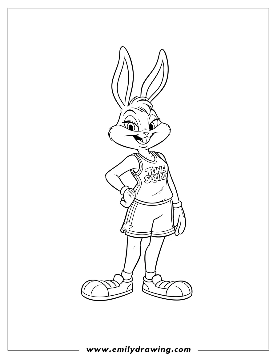 Printable line art of lola Bunny Scaled, standing and smiling with one hand on her hip