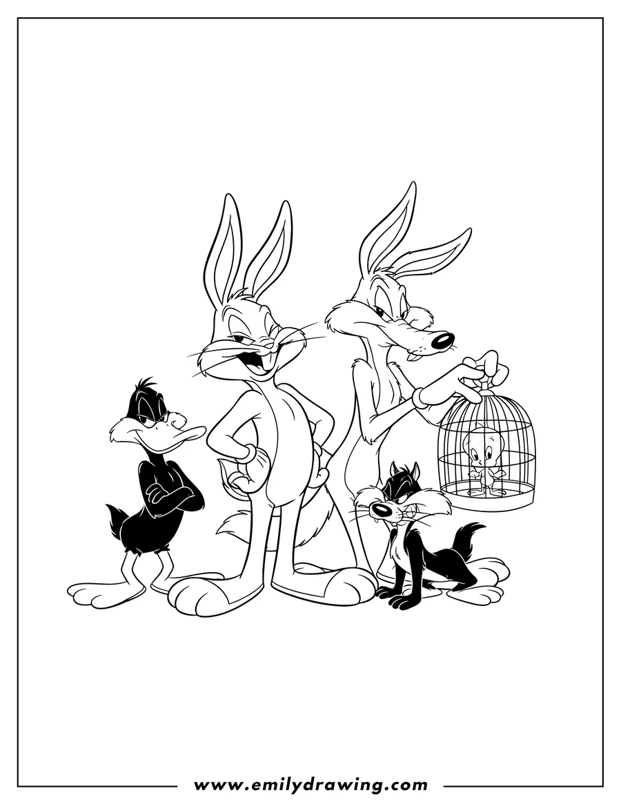 Doodle style coloring picture of looney Tunes characters, including Bugs Bunny, Tweety, Sylvester, Wile E. Coyote, and Daffy Duck, standing together, showcasing their varying sizes