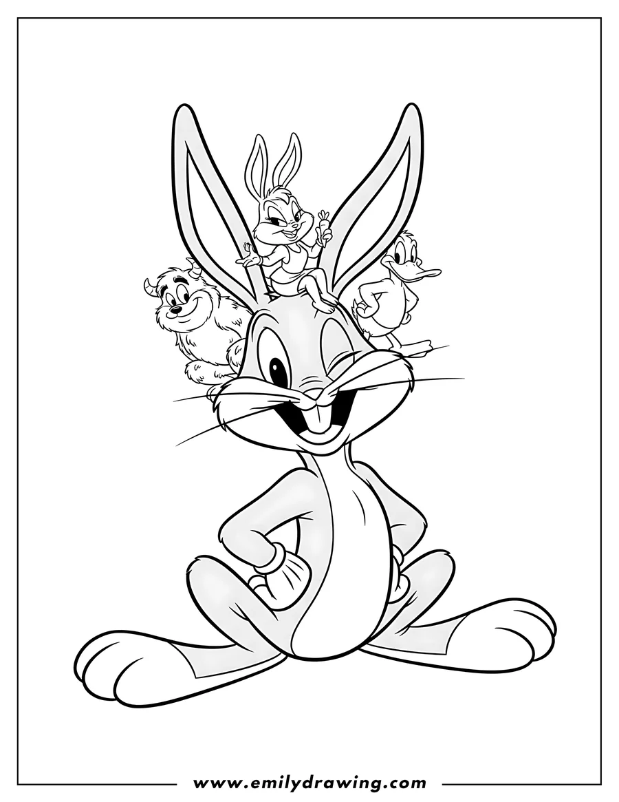 Downloadable coloring page of looney Tunes Characters Scaled, featuring Bugs Bunny, Lola Bunny, Daffy Duck, and Gossamer sitting on Bugs' head
