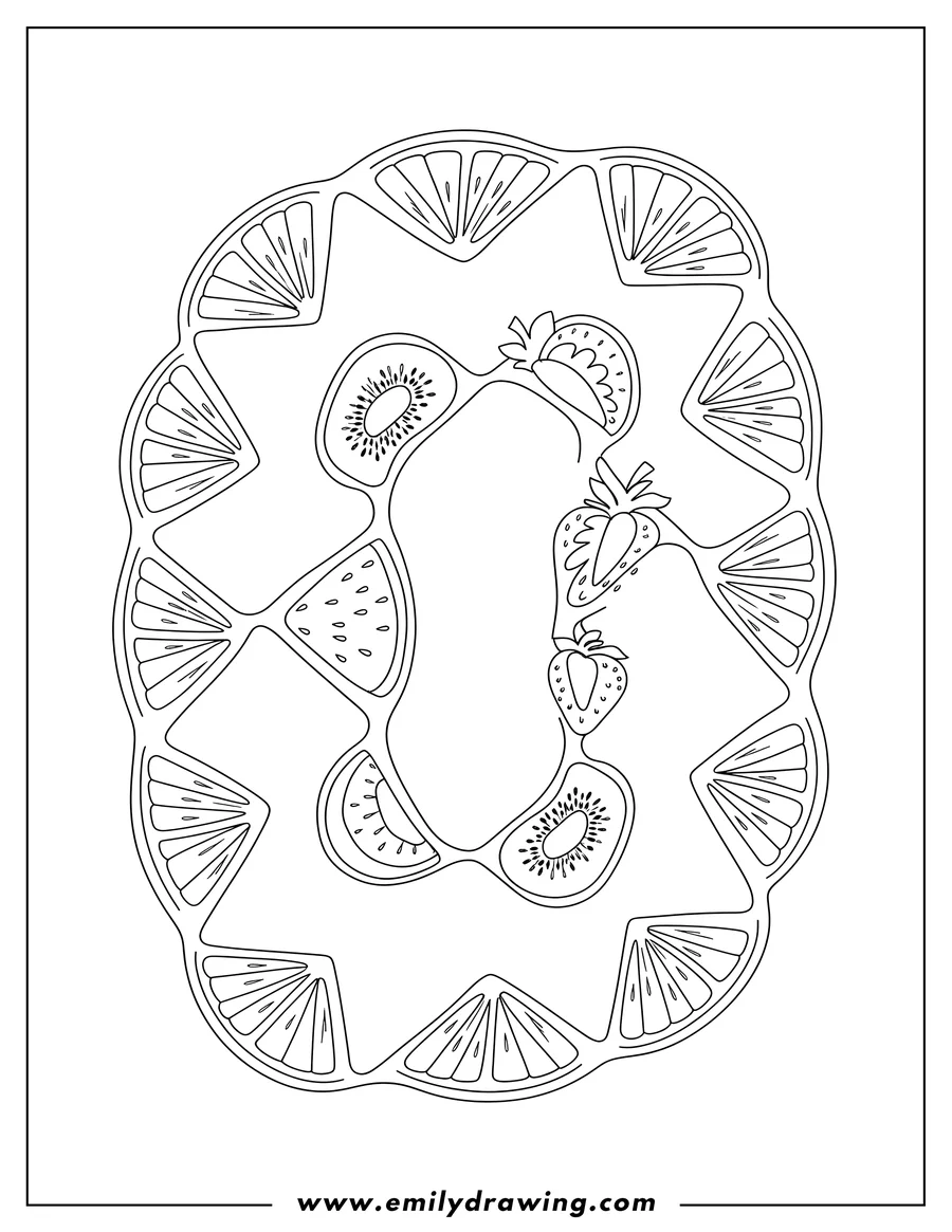 Doodle style coloring picture of looping Pattern of Stylized Fruit Halves with Alternating Radial and Fan Sections