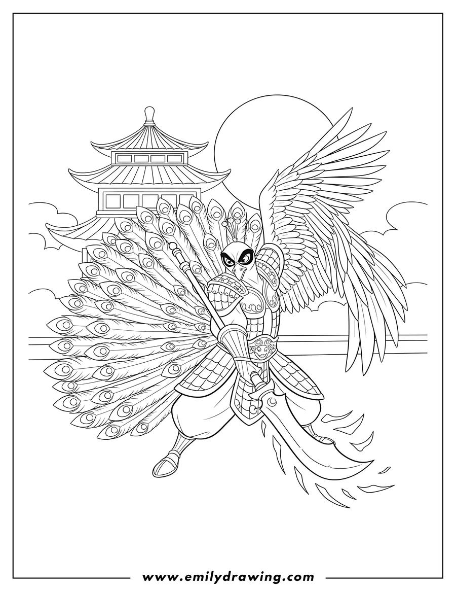 Clean line drawing: lord Shen in an action pose, holding a glowing polearm