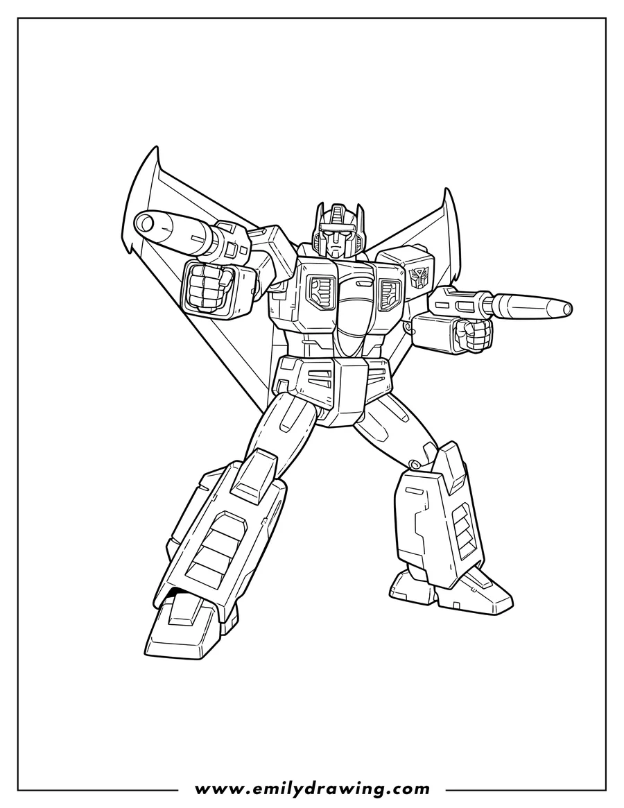 High quality printable lord Starscream From Transformers Cartoon, standing, holding blasters in both hands for coloring