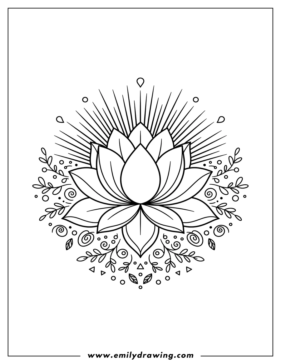Free printable coloring sheet of lotus Flower Boho, with a central lotus and starburst detail