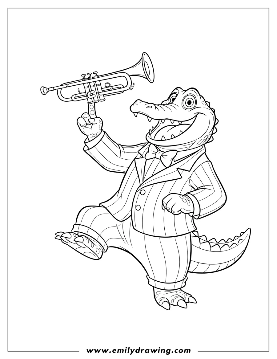 Printable line art of louis Alligator balancing a trumpet on his finger