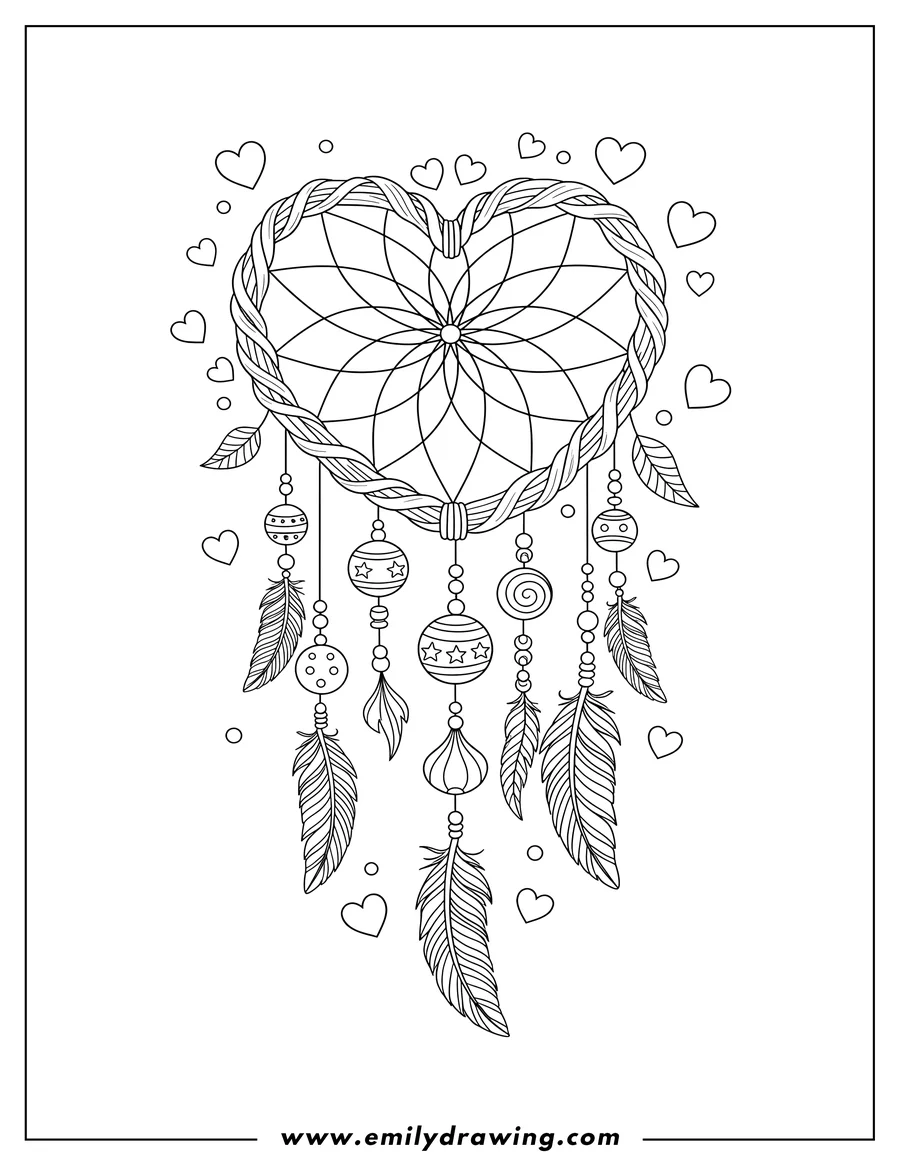 High quality printable love Heart Dreamcatcher Boho with beads and feathers for coloring