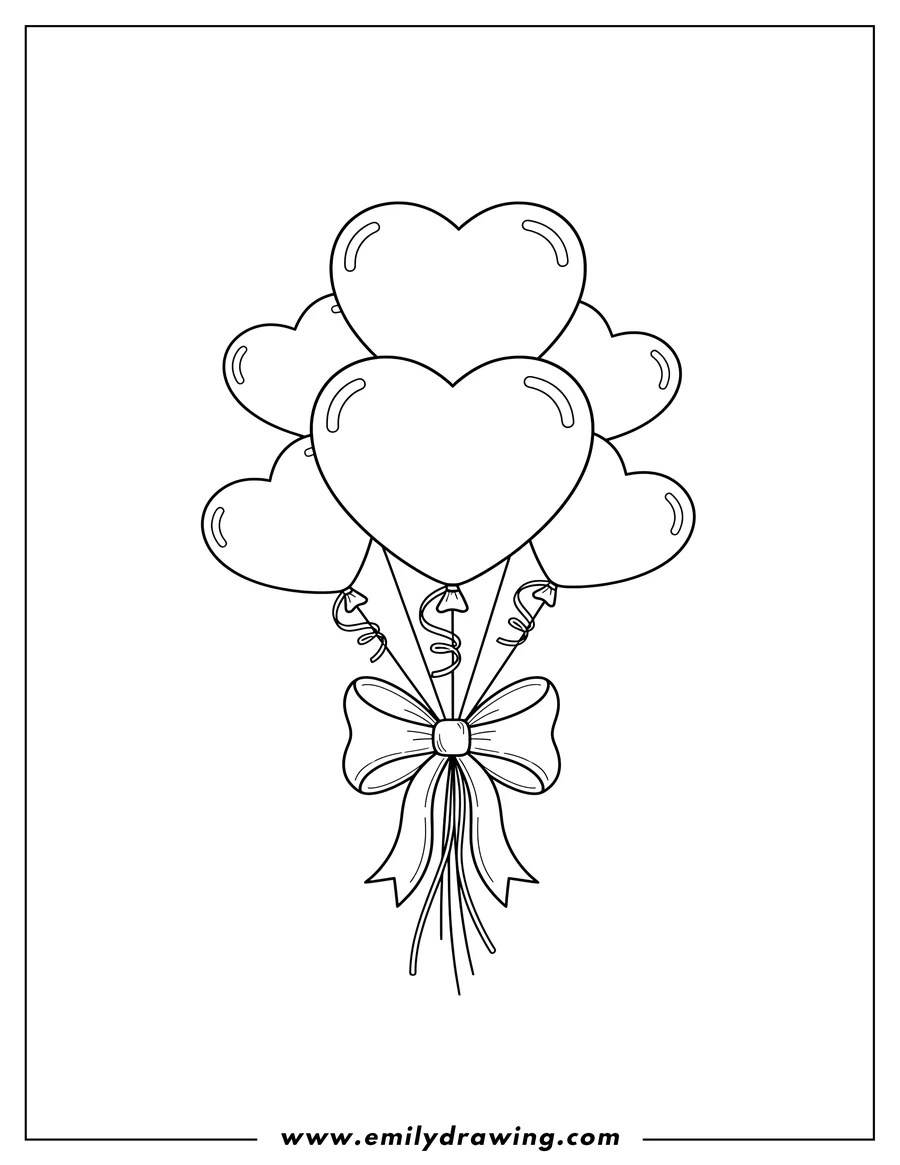 Doodle style coloring picture of love Heart Shaped Balloons tied with a bow to color