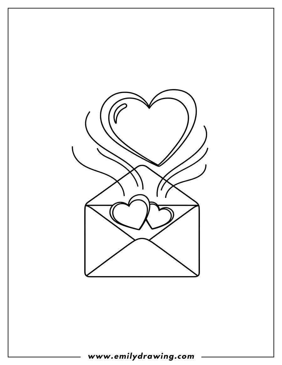 Printable line art of love Hearts Coming Out Envelope, with one large heart at the top and two smaller hearts visible inside the open envelope