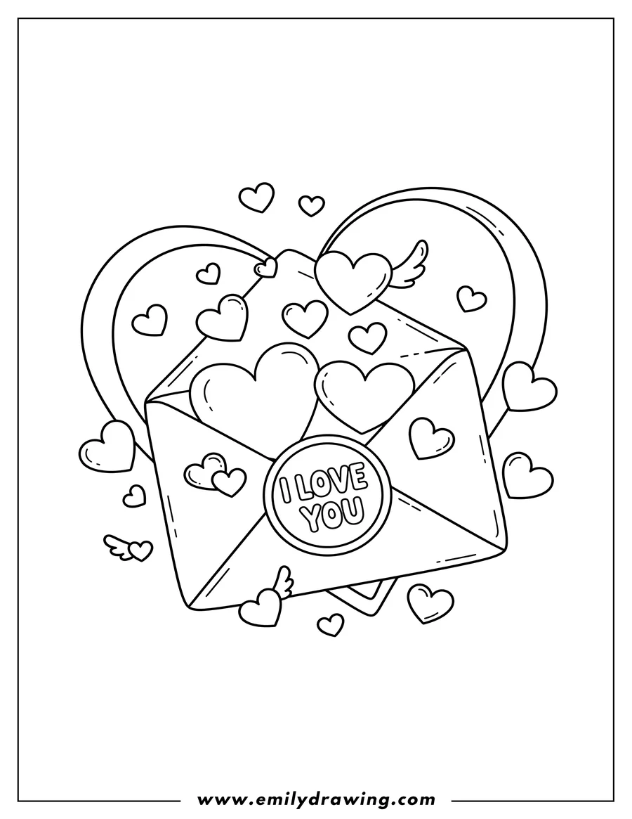 Black and white line art of love Letter with I love you text and hearts