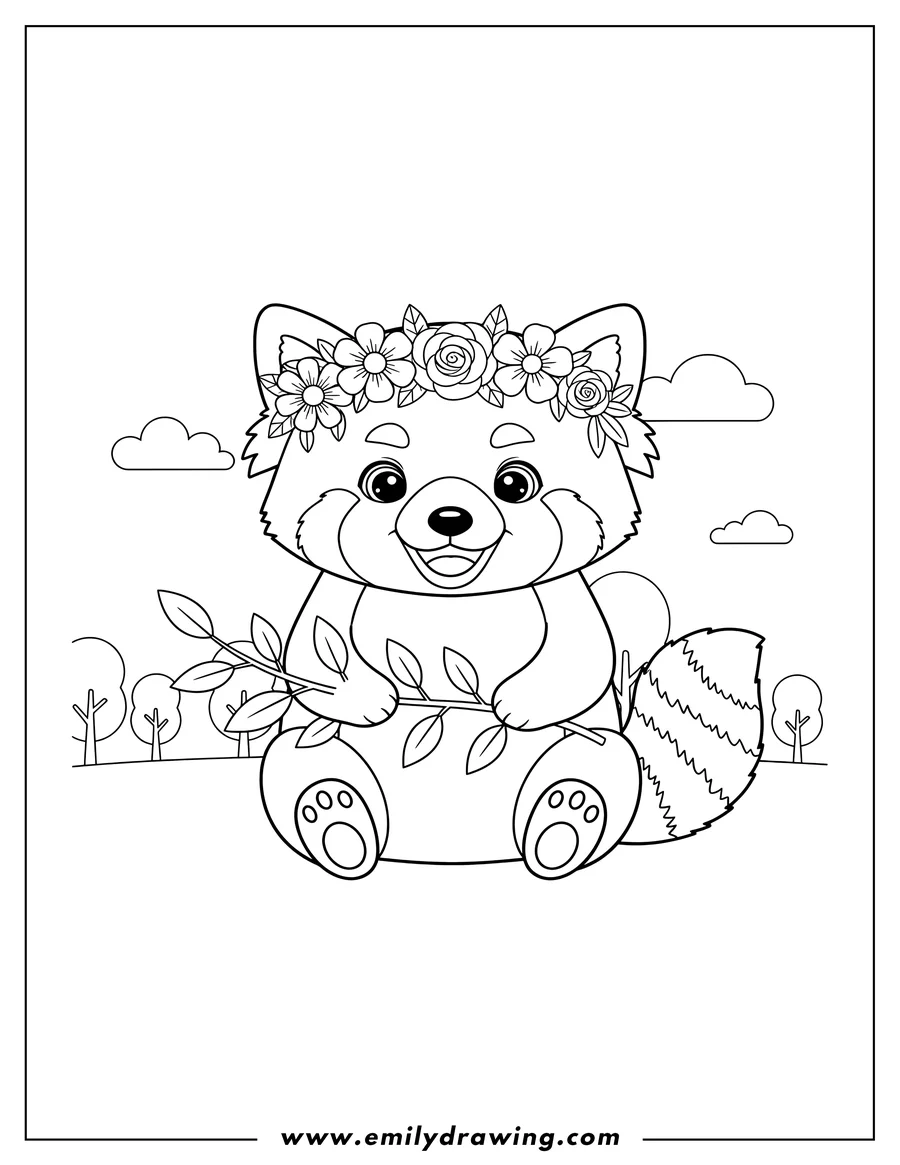 Free printable coloring sheet of lovely Red Panda With Flower Crown Sitting and Smiling Holding a Tree Branch in its Paws