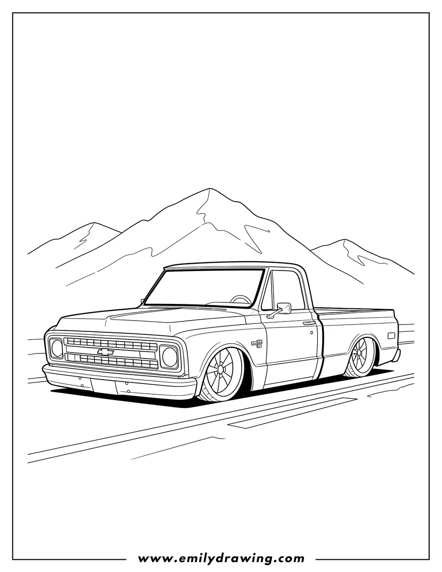 Free printable coloring sheet of lowered Chevy C10 Pickup Truck parked on a road with a Mountain Range Background