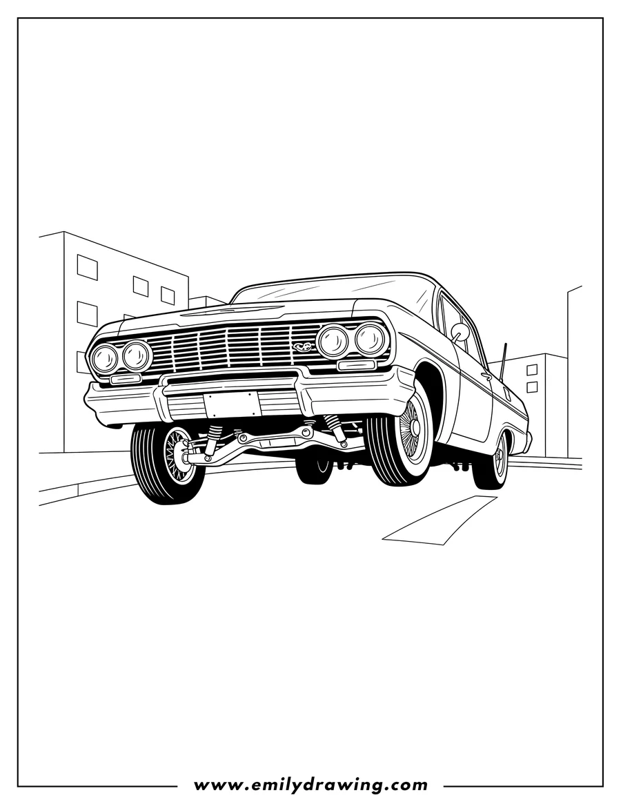 Free printable coloring sheet of lowrider Chevrolet Impala, front end lifted, on streets