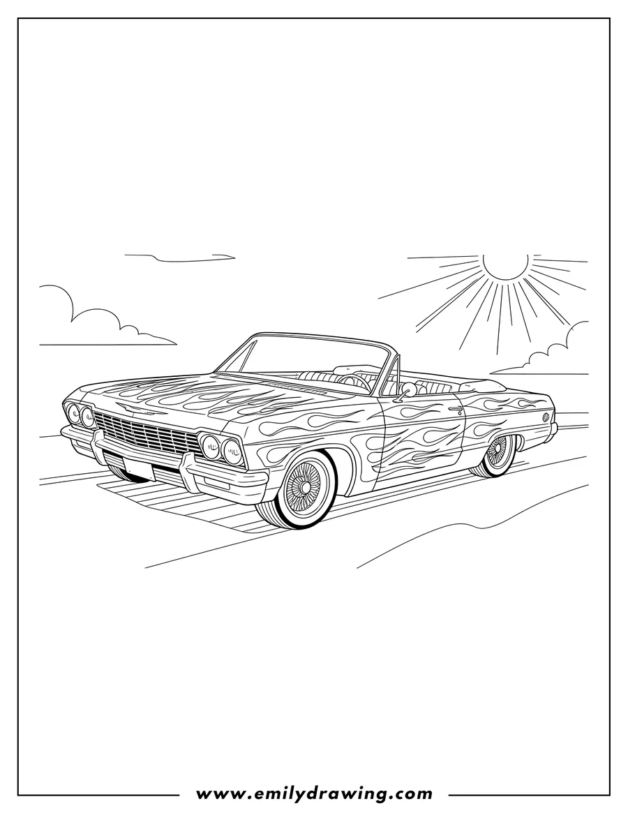 Full page coloring image of lowrider Chevrolet Impala with custom paint and custom wheels, driving