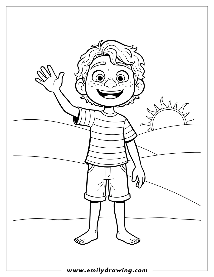 Coloring page for kids: luca Human Form Waving, smiling, with freckles