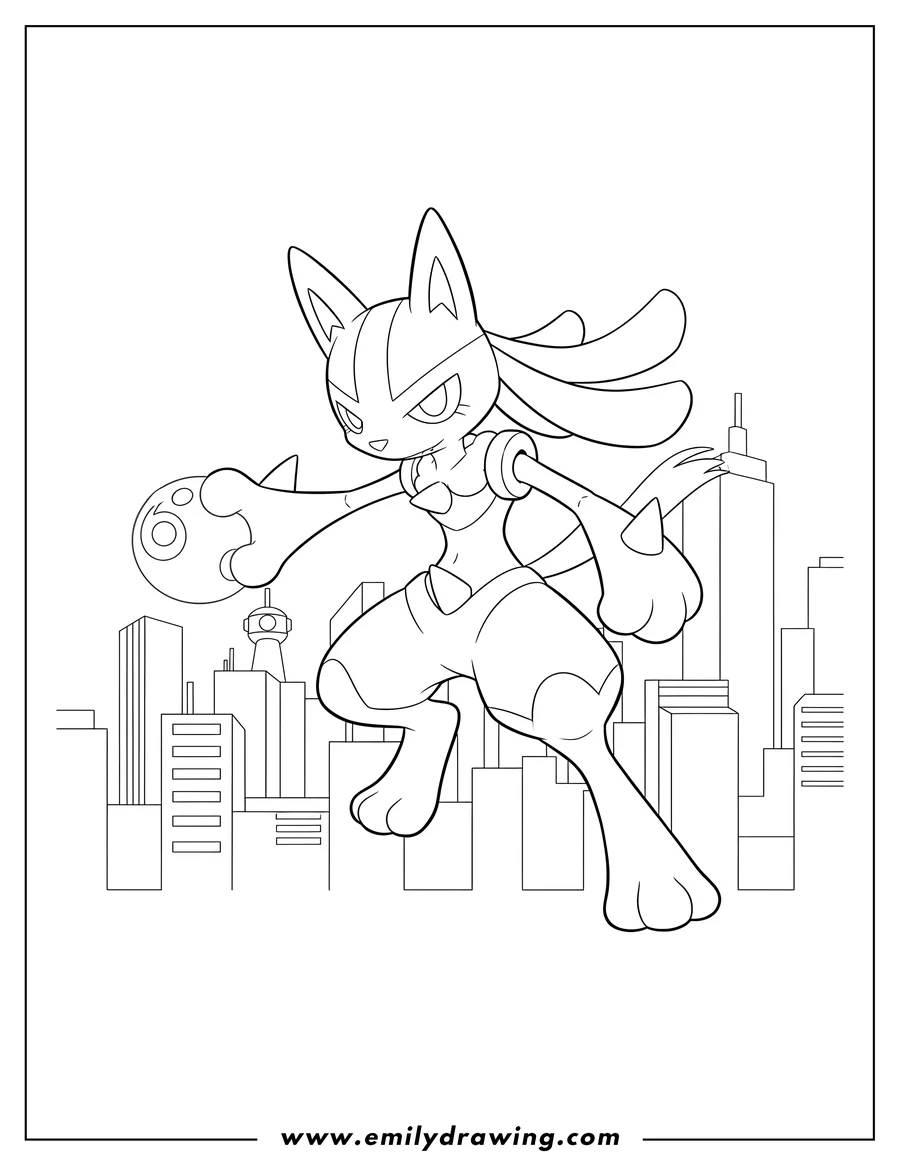 Linear illustration of lucario Pokemon card in a dynamic battle pose against a city skyline