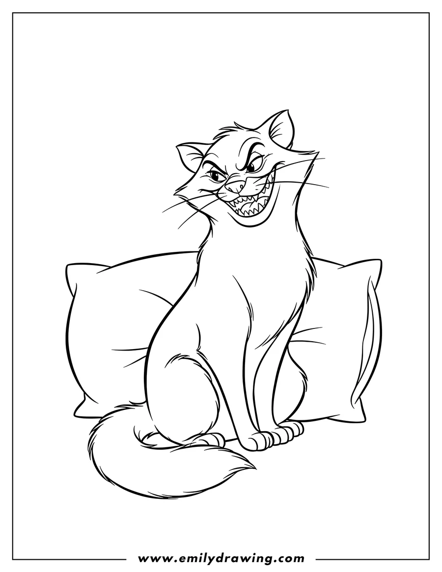 Doodle style coloring picture of lucifer Cat From Cinderella, sitting and grinning mischievously with teeth showing