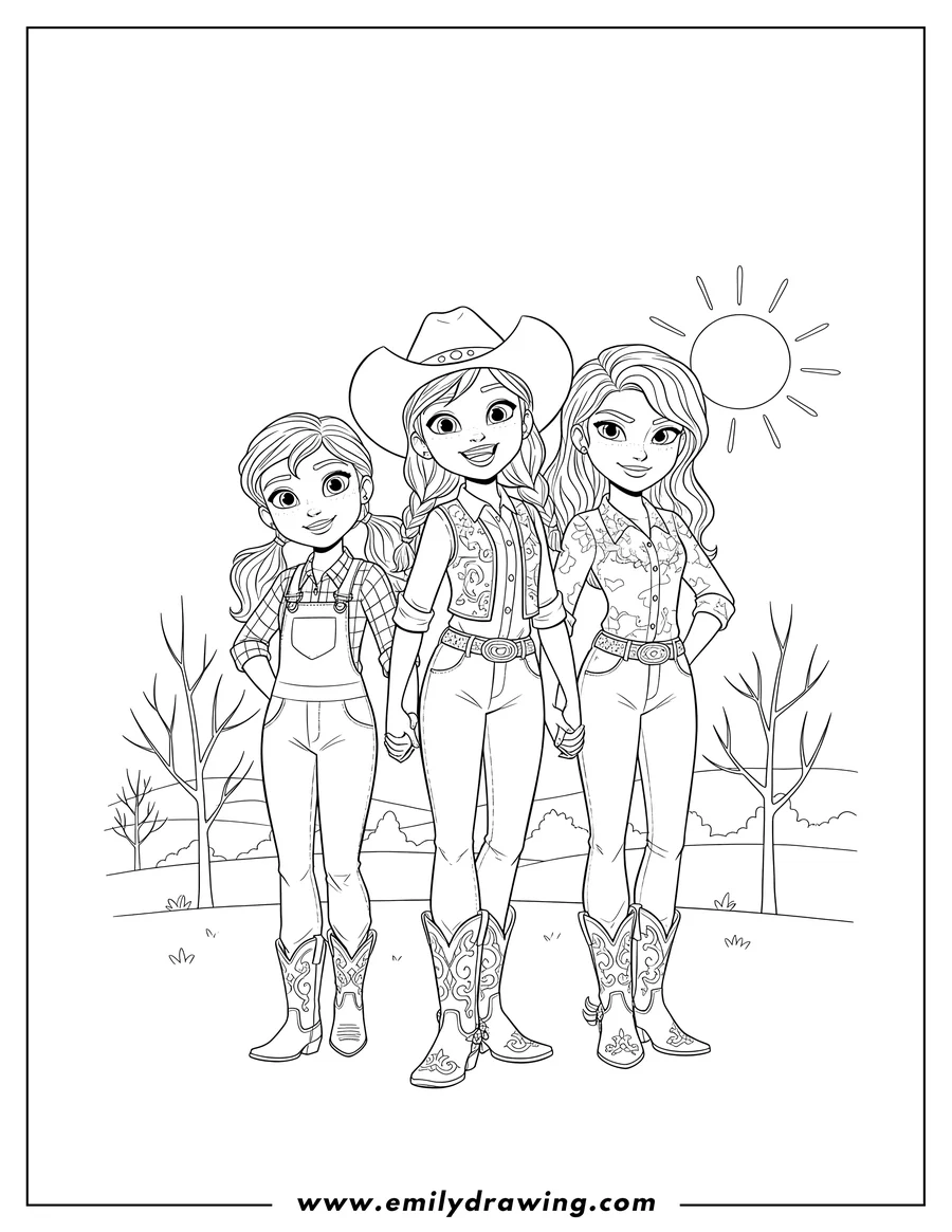 PDF style coloring page: lucky, Abigail, and Pru from Spirit Riding Free standing together, smiling, and wearing cowgirl boots