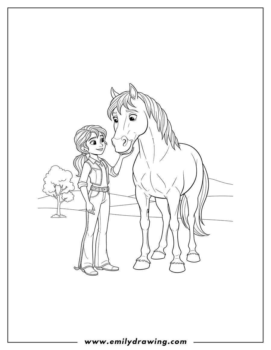 High quality printable lucky Comforting Her Horse Spirit, with her hand gently on Spirit's face, to color scaled for coloring
