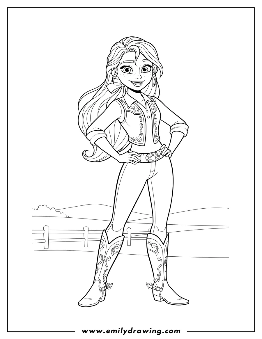 Outline drawing of lucky Prescott Scaled, standing and smiling