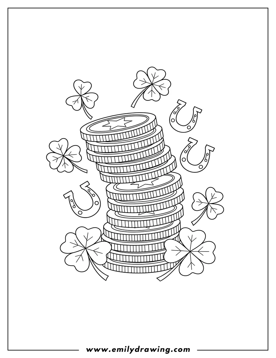 Downloadable coloring page of lucky St Patrick's Day stacked golden coins with shamrocks and horseshoes to color