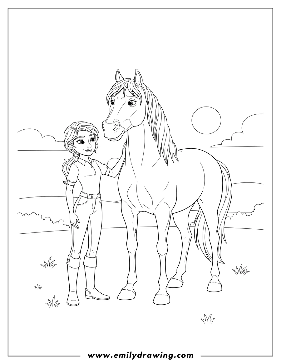 Doodle style coloring picture of lucky standing next to Spirit with her hand on his neck coloring page