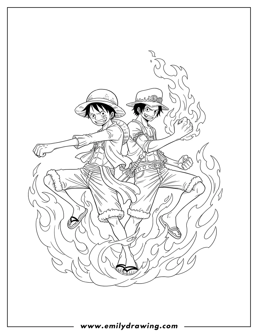 Vector style outline of luffy Fighting Back To Back With Ace in dynamic poses amidst flames