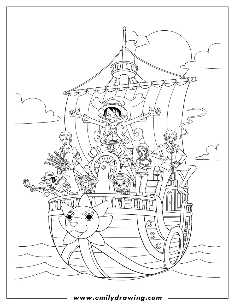 Printable coloring page of luffy, Zoro, Sanji, Nami, Robin, Chopper, and Usopp on their ship's deck, with Luffy at the steering wheel