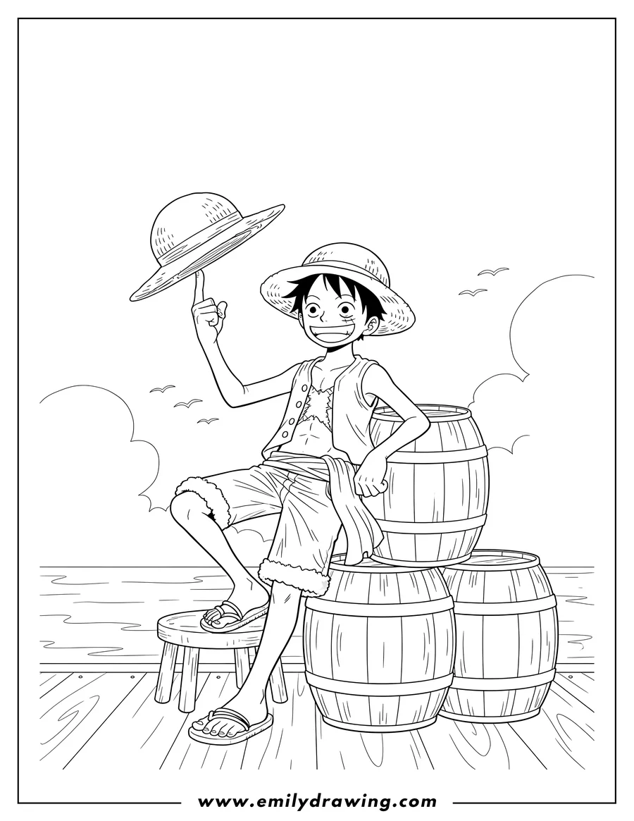 Simple sketch of luffy balancing his straw hat on his finger, smiling, and leaning on barrels on a port to color