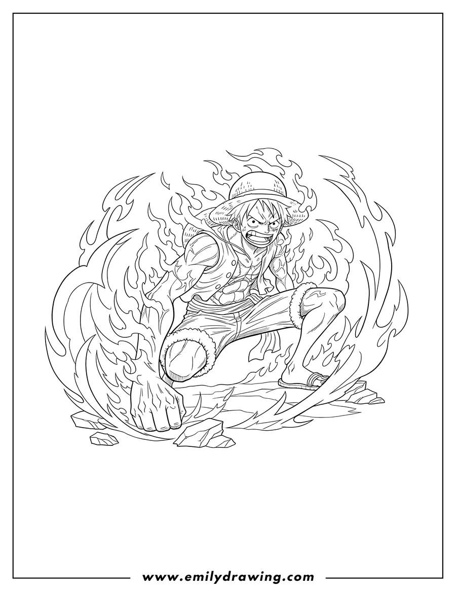 Linear illustration of luffy in fierce battle mode, crouching with one hand on the ground, surrounded by fire