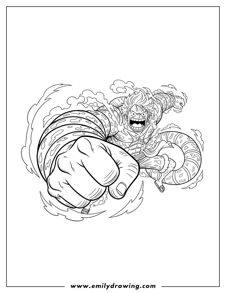 Free printable coloring sheet of luffy Boundman Gear Sky, roaring, with a massive punching fist