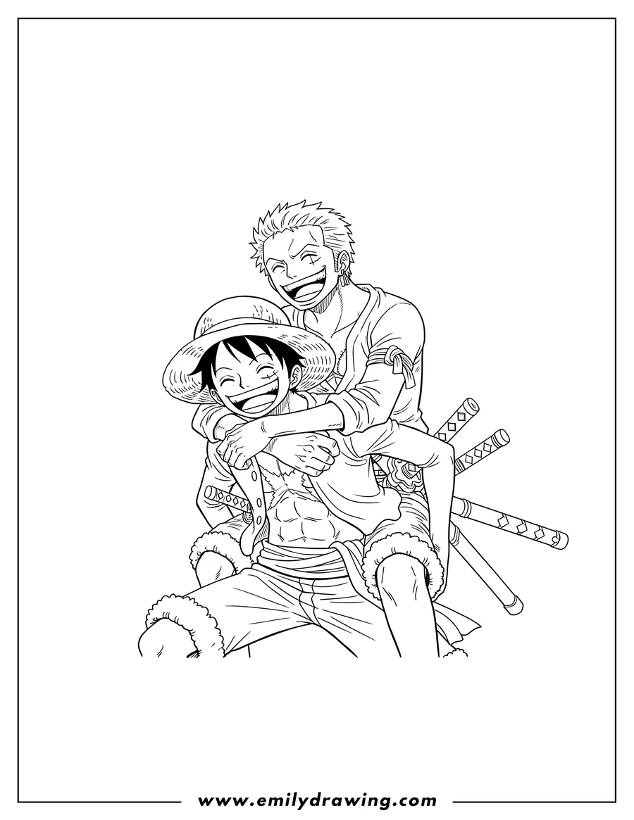 Outline drawing of luffy Hugging Zoro on a piggyback ride, both laughing
